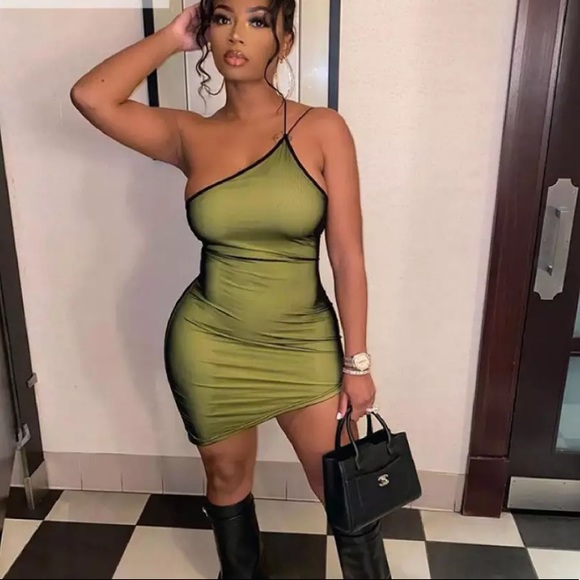 NEW Green Mesh One Strap Fitted Mini Angled Dress - Picture 3 of 16